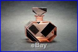 Vtg Czech Art Deco perfume bottle, Pink Glass Black Enamel Karl Palda