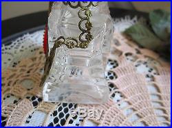 Vtg Czech Clear Perfume Bottle withBrass Ormalu & Red Jewels Acid Marked