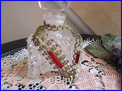 Vtg Czech Clear Perfume Bottle withBrass Ormalu & Red Jewels Acid Marked