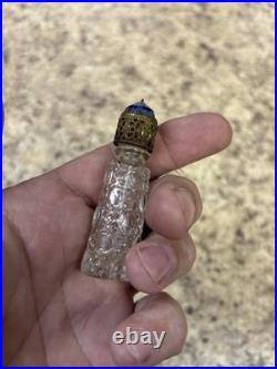 Vtg Czech Glass Irice Mini Perfume Bottle blue Heart Charm Dangle Jewel Top Cap