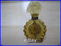 Vtg Dark Yellow Czech Perfume Bottle with Brass Ormalu & Daisy Stopper-Acid Marked
