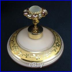 Vtg DeVILBISS Gold Satin Pink Jeweled Hand Blown Glass Perfume Bottle Atomizer