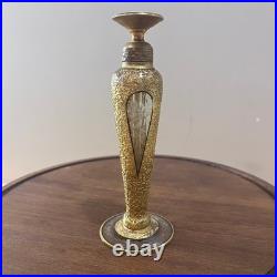 Vtg DeVilbiss Art Deco Gold Encrusted Etched Glass Perfume Bottle Dauber 6.25