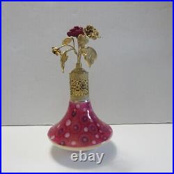 Vtg DeVilbiss Pink Rose Art Glass Floral Gold Top Perfume Bottle 1750-10 Germany