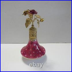 Vtg DeVilbiss Pink Rose Art Glass Floral Gold Top Perfume Bottle 1750-10 Germany