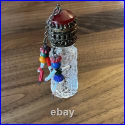 Vtg Empty Glass Perfume Bottle Czech Irice Stubby Beaded People Dangles 1920s