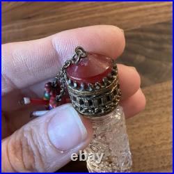 Vtg Empty Glass Perfume Bottle Czech Irice Stubby Beaded People Dangles 1920s