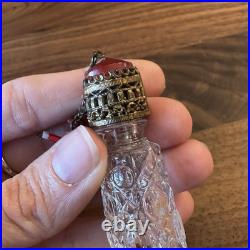 Vtg Empty Glass Perfume Bottle Czech Irice Stubby Beaded People Dangles 1920s