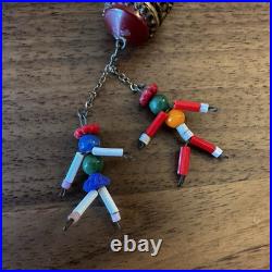 Vtg Empty Glass Perfume Bottle Czech Irice Stubby Beaded People Dangles 1920s