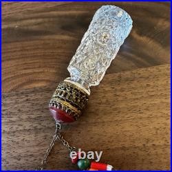 Vtg Empty Glass Perfume Bottle Czech Irice Stubby Beaded People Dangles 1920s