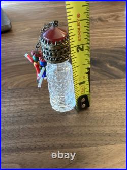 Vtg Empty Glass Perfume Bottle Czech Irice Stubby Beaded People Dangles 1920s