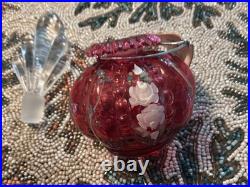 Vtg Fenton Cranberry Melon Perfume Bottle with Stopper Hand Painted/ Signed NWT