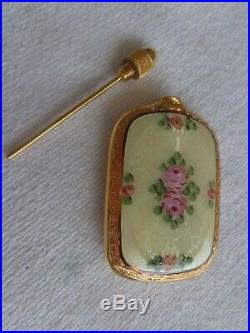 Vtg French Edwardian Pink Roses Guilloche Enamel Perfume Scent Miniature Bottle