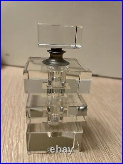 Vtg Glass Crystal Sq Block Perfume Bottle Glass Screw On Top & Dauber