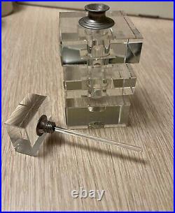 Vtg Glass Crystal Sq Block Perfume Bottle Glass Screw On Top & Dauber