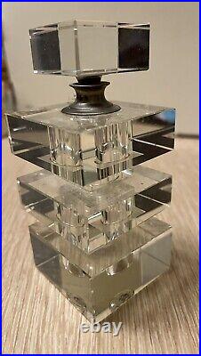 Vtg Glass Crystal Sq Block Perfume Bottle Glass Screw On Top & Dauber