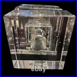 Vtg Glass Crystal Sq Block Perfume Bottle Glass Screw On Top & Dauber