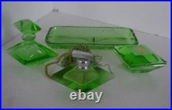 Vtg Green Glass Perfume Bottle Powder Box Lighter Dresser Set Vanity 157 Box4