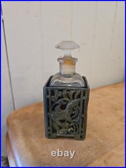 Vtg Hi Yang Full Vanity Glass Perfume Bottle In Decorative Brass With Bird MCM