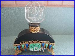 Vtg Hoffman Czech Black Perfume Bottle-Acid Marked withFooted Base and Stones
