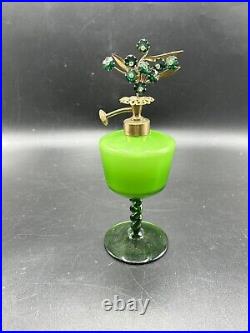 Vtg Irice Cased Green glass perfume bottle Margarita Bead Flower West Germany