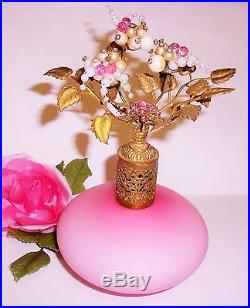 Vtg Irice Pink Rhinestones Pearls Bead Jeweled Flower Top Perfume Bottle Vanity