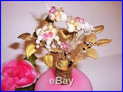 Vtg Irice Pink Rhinestones Pearls Bead Jeweled Flower Top Perfume Bottle Vanity