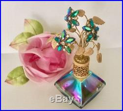 Vtg Irice Rhinestone Flowers Top Perfume Bottle Vanity Collectible