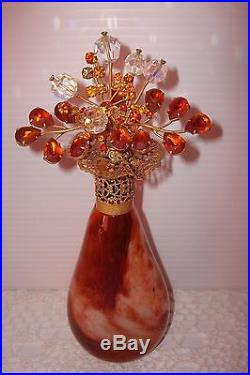 Vtg Irice Rhinestone Perfume Bottle Lovely Jeweled Amber Toppermarble Base