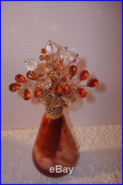Vtg Irice Rhinestone Perfume Bottle Lovely Jeweled Amber Toppermarble Base