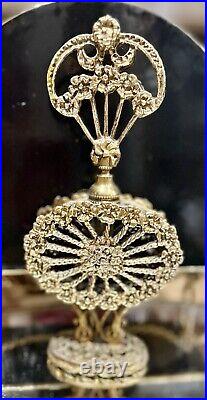 Vtg Large 9 Gold Ornate ORMOLU Floral Glass Filigree Perfume BOTTLE Antique