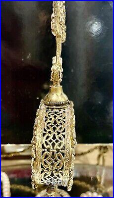 Vtg Large 9 Gold Ornate ORMOLU Floral Glass Filigree Perfume BOTTLE Antique