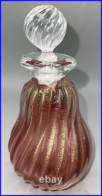 Vtg MURANO ITALY ART GLASS PERFUME BOTTLE Vanity Cranberry Swirl Gold Flecks 6.5