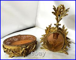 Vtg Ormolu Perfume Bottle&Jewelry Box Beveled Amber Glass Filigree French Rococo