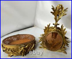 Vtg Ormolu Perfume Bottle&Jewelry Box Beveled Amber Glass Filigree French Rococo