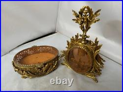 Vtg Ormolu Perfume Bottle&Jewelry Box Beveled Amber Glass Filigree French Rococo