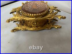 Vtg Ormolu Perfume Bottle&Jewelry Box Beveled Amber Glass Filigree French Rococo