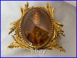 Vtg Ormolu Perfume Bottle&Jewelry Box Beveled Amber Glass Filigree French Rococo