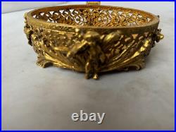 Vtg Ormolu Perfume Bottle&Jewelry Box Beveled Amber Glass Filigree French Rococo