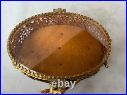 Vtg Ormolu Perfume Bottle&Jewelry Box Beveled Amber Glass Filigree French Rococo