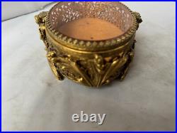 Vtg Ormolu Perfume Bottle&Jewelry Box Beveled Amber Glass Filigree French Rococo
