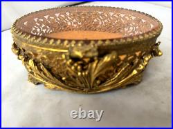 Vtg Ormolu Perfume Bottle&Jewelry Box Beveled Amber Glass Filigree French Rococo