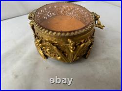 Vtg Ormolu Perfume Bottle&Jewelry Box Beveled Amber Glass Filigree French Rococo