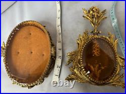 Vtg Ormolu Perfume Bottle&Jewelry Box Beveled Amber Glass Filigree French Rococo