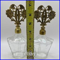 Vtg PAIR 24K Gold Ormolu Brass Ornate Sunflower Perfume Bottle Hollywood Regency