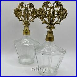 Vtg PAIR 24K Gold Ormolu Brass Ornate Sunflower Perfume Bottle Hollywood Regency