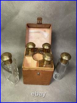 Vtg. Perfume Scent 5 Custom Shaped Hand Painted Bottles in Unique Leather Case