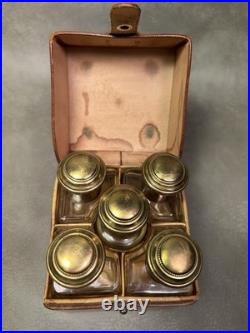 Vtg. Perfume Scent 5 Custom Shaped Hand Painted Bottles in Unique Leather Case