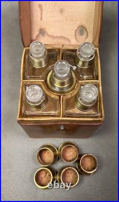 Vtg. Perfume Scent 5 Custom Shaped Hand Painted Bottles in Unique Leather Case