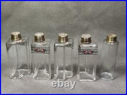 Vtg. Perfume Scent 5 Custom Shaped Hand Painted Bottles in Unique Leather Case